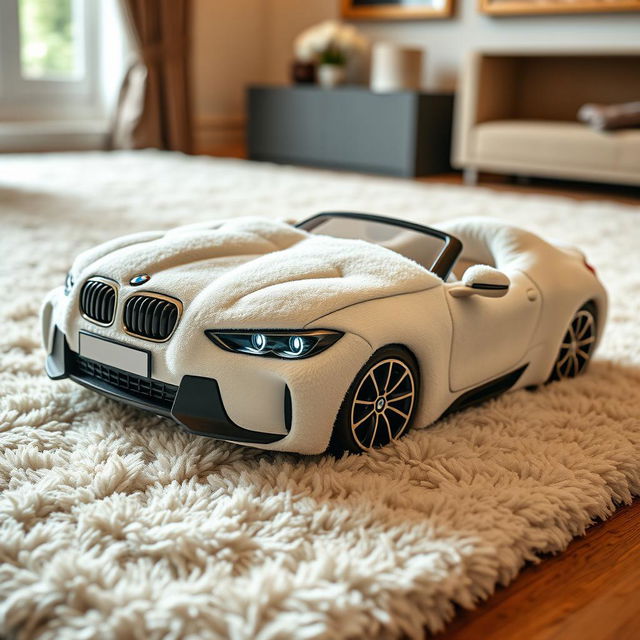 A visually striking image of a pair of soft, plush slippers designed to resemble a white BMW, seamlessly blending the luxurious car's aesthetics with cozy slipper textures and materials