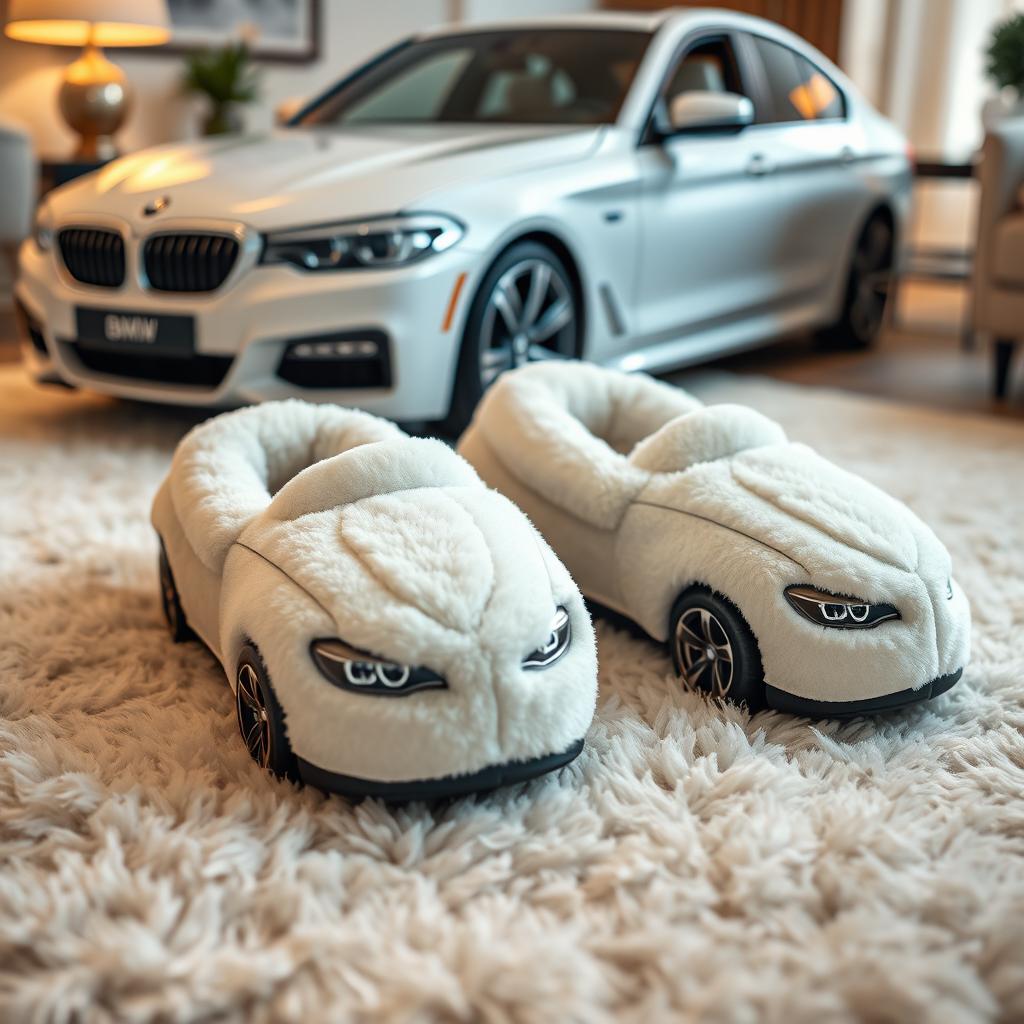 A visually striking image of a pair of soft, plush slippers designed to resemble a white BMW, seamlessly blending the luxurious car's aesthetics with cozy slipper textures and materials