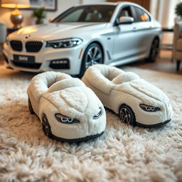 A visually striking image of a pair of soft, plush slippers designed to resemble a white BMW, seamlessly blending the luxurious car's aesthetics with cozy slipper textures and materials