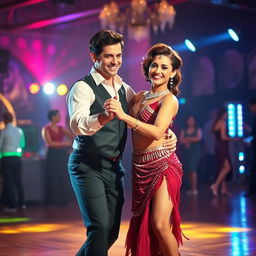 A cheerful dance couple captured in a lively moment on a dance floor
