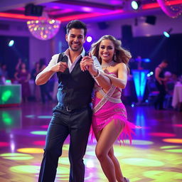 A cheerful dance couple captured in a lively moment on a dance floor