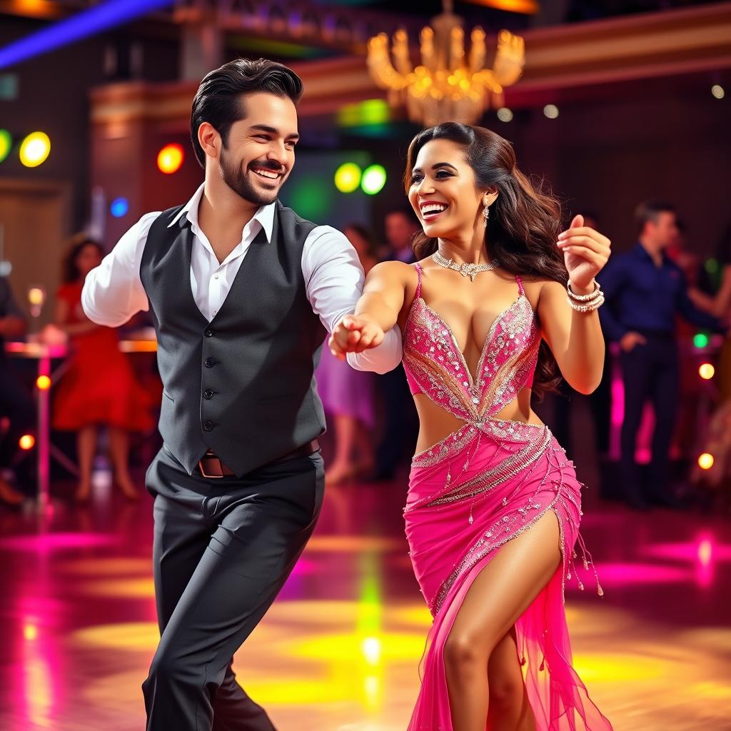 A cheerful dance couple captured in a lively moment on a dance floor