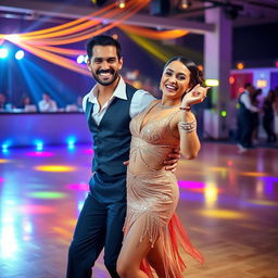 A cheerful dance couple captured in a lively moment on a dance floor