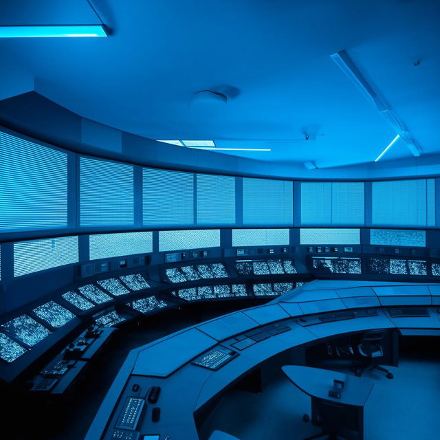 A detailed view of a high-tech penitentiary control room equipped with multiple screens, blinking lights and sophisticated equipment.