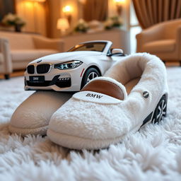 A pair of soft, plush slippers designed to resemble a white BMW, featuring cozy textures and materials typical of slippers