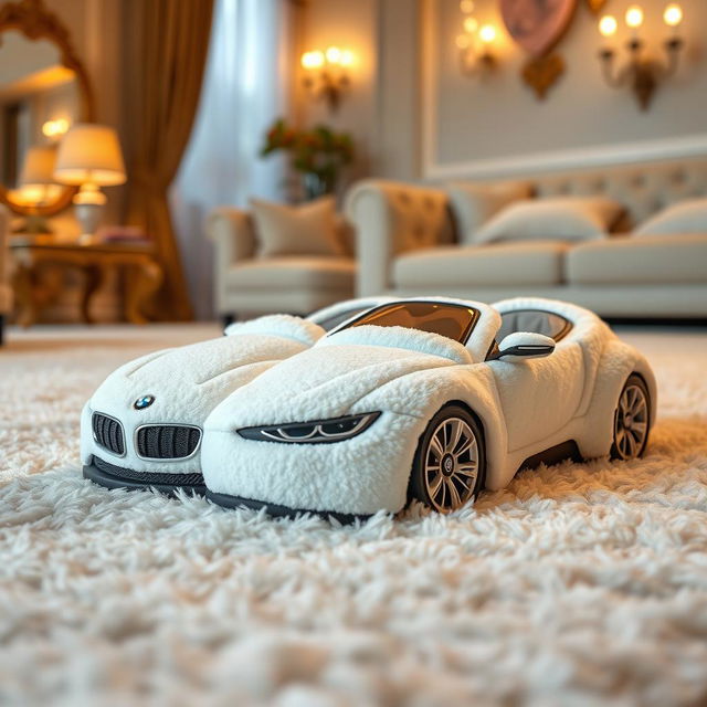 A pair of soft, plush slippers designed to resemble a white BMW, featuring cozy textures and materials typical of slippers