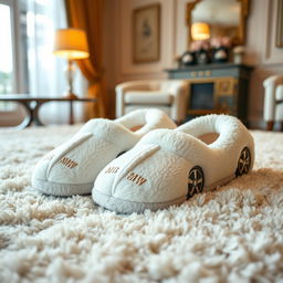 A pair of soft, plush slippers designed to resemble a white BMW, featuring cozy textures and materials typical of slippers