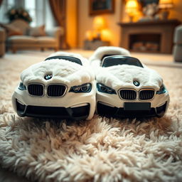 A pair of soft, plush slippers designed to resemble a white BMW, featuring cozy textures and materials typical of slippers