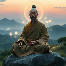 A unique depiction of a human sentinel monk, embodying both strength and serenity