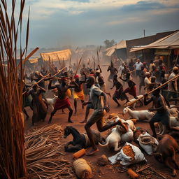 An intense scene in an open-air market during the evening, depicting a chaotic atmosphere