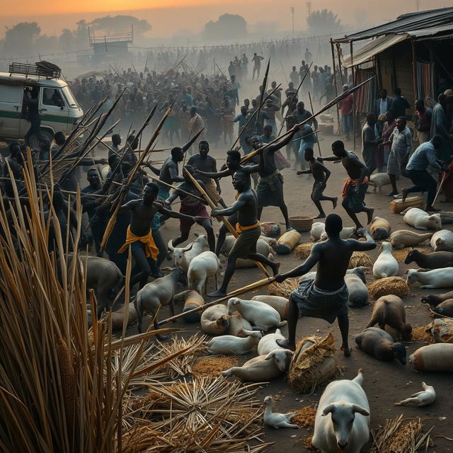 An intense scene in an open-air market during the evening, depicting a chaotic atmosphere