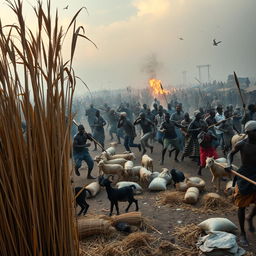 An intense scene in an open-air market during the evening, depicting a chaotic atmosphere