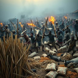 An intense scene in an open-air market during the evening, depicting a chaotic atmosphere