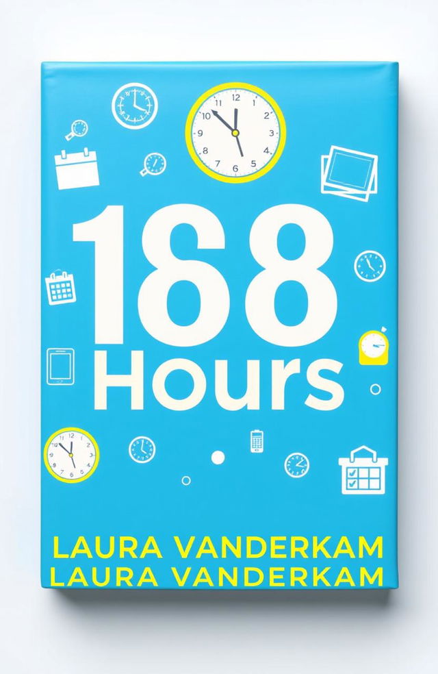 A clean and modern book cover design for '168 Hours' by Laura Vanderkam, featuring bright and clear colors such as blue, white, and yellow