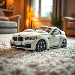 A creative depiction of a pair of soft, plush slippers designed to look like a white BMW, incorporating the luxurious textures and materials typical of cozy slippers