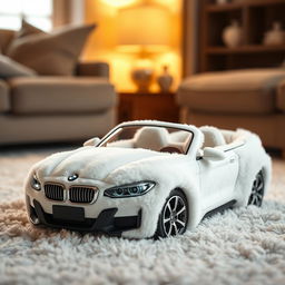 A creative depiction of a pair of soft, plush slippers designed to look like a white BMW, incorporating the luxurious textures and materials typical of cozy slippers