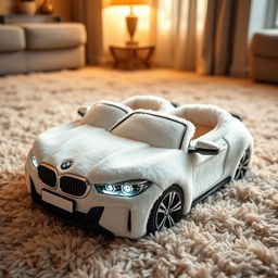 A creative depiction of a pair of soft, plush slippers designed to look like a white BMW, incorporating the luxurious textures and materials typical of cozy slippers