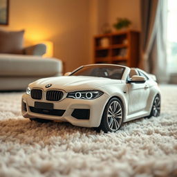 A creative depiction of a pair of soft, plush slippers designed to look like a white BMW, incorporating the luxurious textures and materials typical of cozy slippers