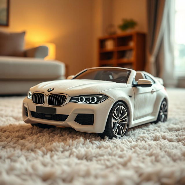 A creative depiction of a pair of soft, plush slippers designed to look like a white BMW, incorporating the luxurious textures and materials typical of cozy slippers