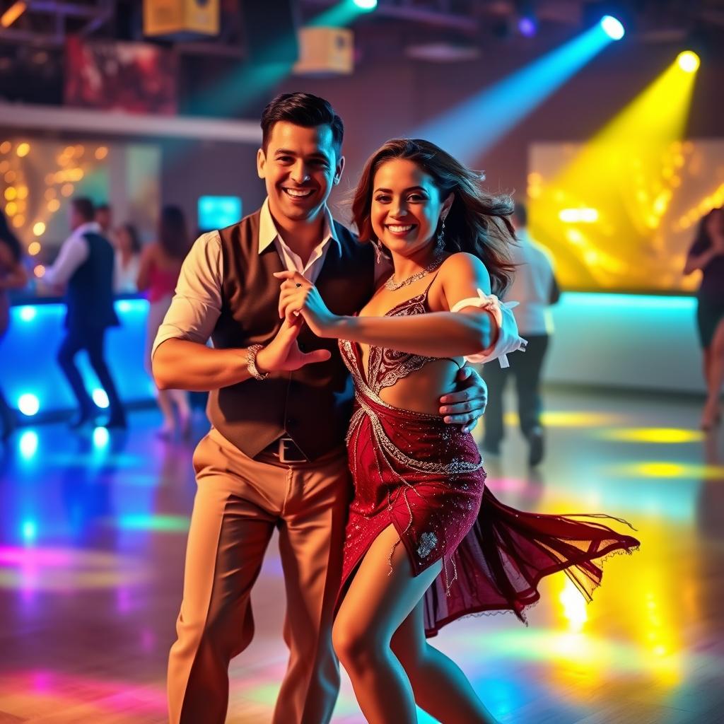 A cheerful dance couple captured on a lively dance floor