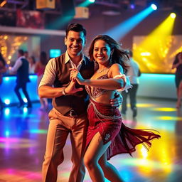 A cheerful dance couple captured on a lively dance floor