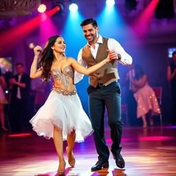 A cheerful dance couple captured on a lively dance floor