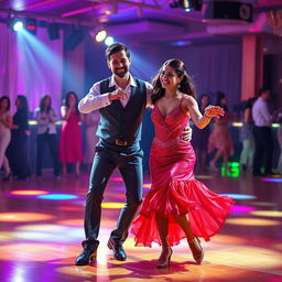 A cheerful dance couple captured on a lively dance floor
