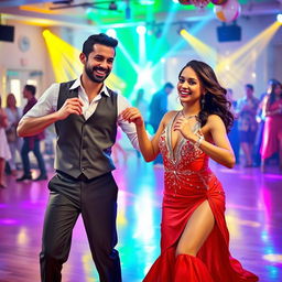 A cheerful dance couple captured on a lively dance floor