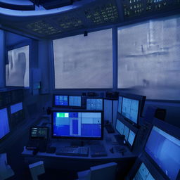 A detailed view of a high-tech penitentiary control room equipped with multiple screens, blinking lights and sophisticated equipment.