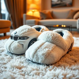 A pair of soft, plush slippers designed to resemble a white BMW, incorporating the luxurious textures and materials typically found in slippers