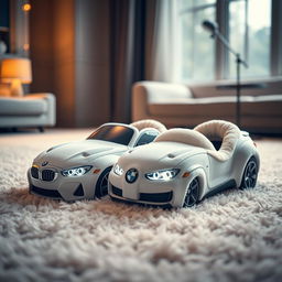 A pair of soft, plush slippers designed to resemble a white BMW, incorporating the luxurious textures and materials typically found in slippers