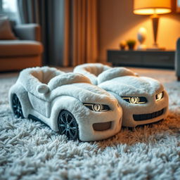 A pair of soft, plush slippers designed to resemble a white BMW, incorporating the luxurious textures and materials typically found in slippers