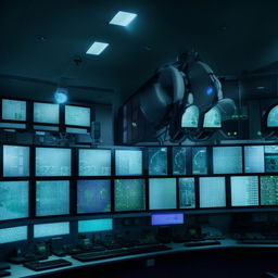 A detailed view of a high-tech penitentiary control room equipped with multiple screens, blinking lights and sophisticated equipment.