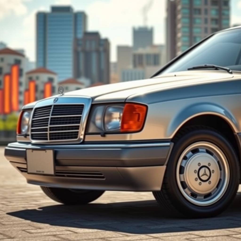 A detailed and realistic depiction of a 1990 Mercedes Benz 190 E, showcasing its iconic design elements such as the sleek body lines, classic grille, and unique headlights