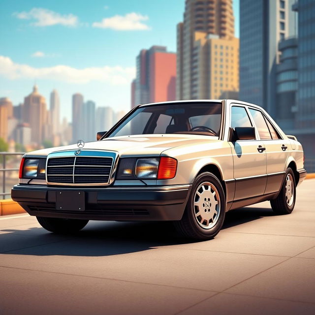 A detailed and realistic depiction of a 1990 Mercedes Benz 190 E, showcasing its iconic design elements such as the sleek body lines, classic grille, and unique headlights