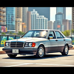 A detailed and realistic depiction of a 1990 Mercedes Benz 190 E, showcasing its iconic design elements such as the sleek body lines, classic grille, and unique headlights