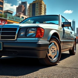 A detailed and realistic depiction of a 1990 Mercedes Benz 190 E, showcasing its iconic design elements such as the sleek body lines, classic grille, and unique headlights
