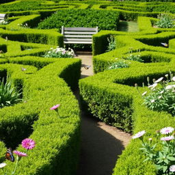 A beautifully landscaped hedgerow garden, featuring lush green hedges forming intricate patterns and pathways