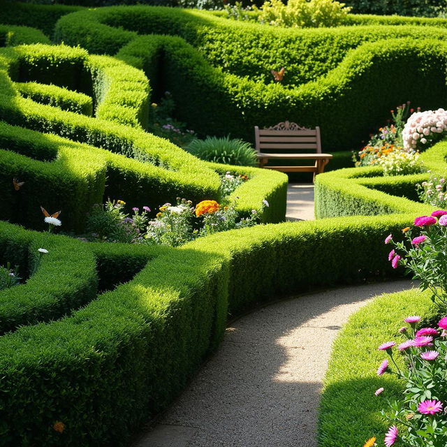 A beautifully landscaped hedgerow garden, featuring lush green hedges forming intricate patterns and pathways