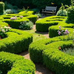 A beautifully landscaped hedgerow garden, featuring lush green hedges forming intricate patterns and pathways