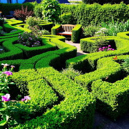 A beautifully landscaped hedgerow garden, featuring lush green hedges forming intricate patterns and pathways