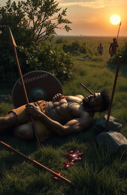 In a bushy field during the evening, a muscular African hero lies fallen on the ground