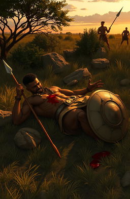In a bushy field during the evening, a muscular African hero lies fallen on the ground