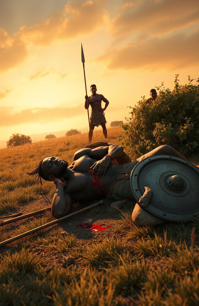 In a bushy field during the evening, a muscular African hero lies fallen on the ground