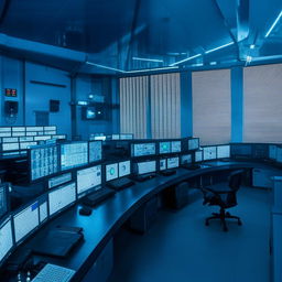 A detailed view of a high-tech penitentiary control room equipped with multiple screens, blinking lights and sophisticated equipment.