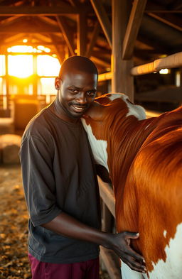 An evening sunset scene in a rustic cow shed with warm golden light filtering through the barn