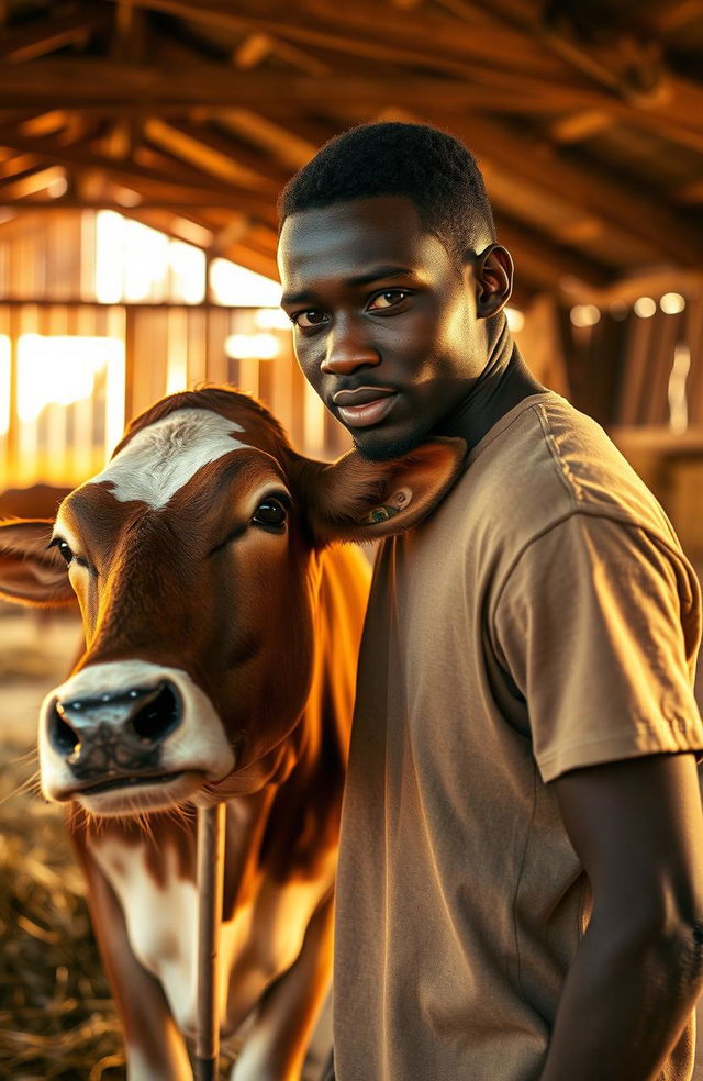 An evening sunset scene in a rustic cow shed with warm golden light filtering through the barn