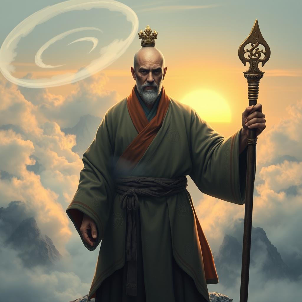 A dedicated sentinel monk, standing tall and vigilant atop a misty mountain peak