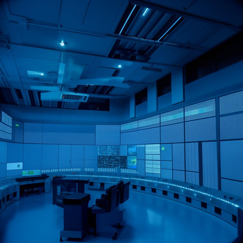 A detailed view of a high-tech penitentiary control room equipped with multiple screens, blinking lights and sophisticated equipment.