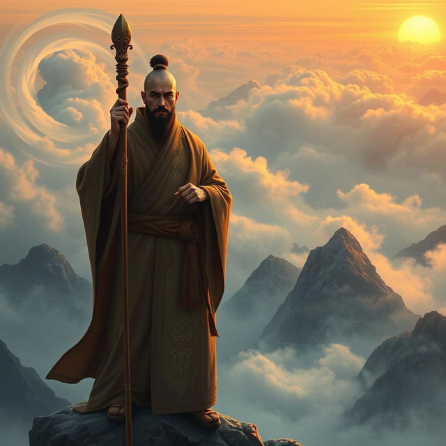 A dedicated sentinel monk, standing tall and vigilant atop a misty mountain peak